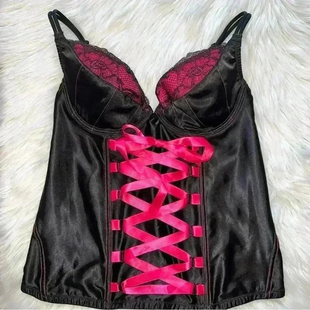 Cacique Corset Top Black Satin Neon Pink with Front Ribbon 14/16